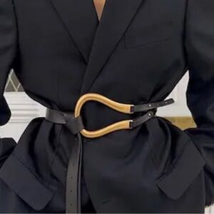 Black Vegan Leather Belt with Gold Tone Curved Buckle